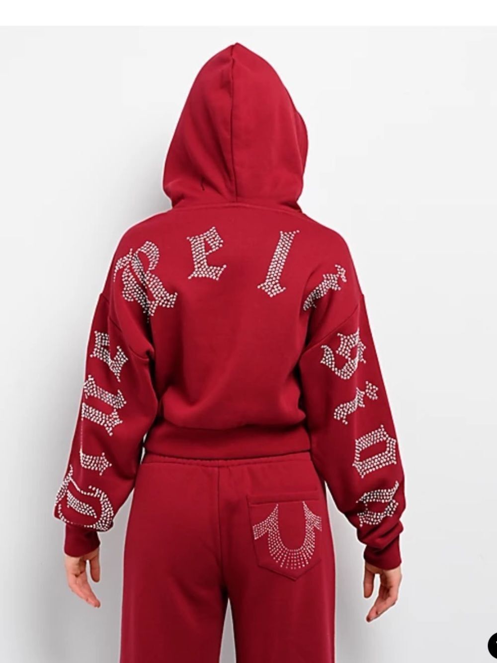 True Religion Rhinestone Bling Logo Zip Up Hoodie Crop Sweatshirt Athleisure NWT